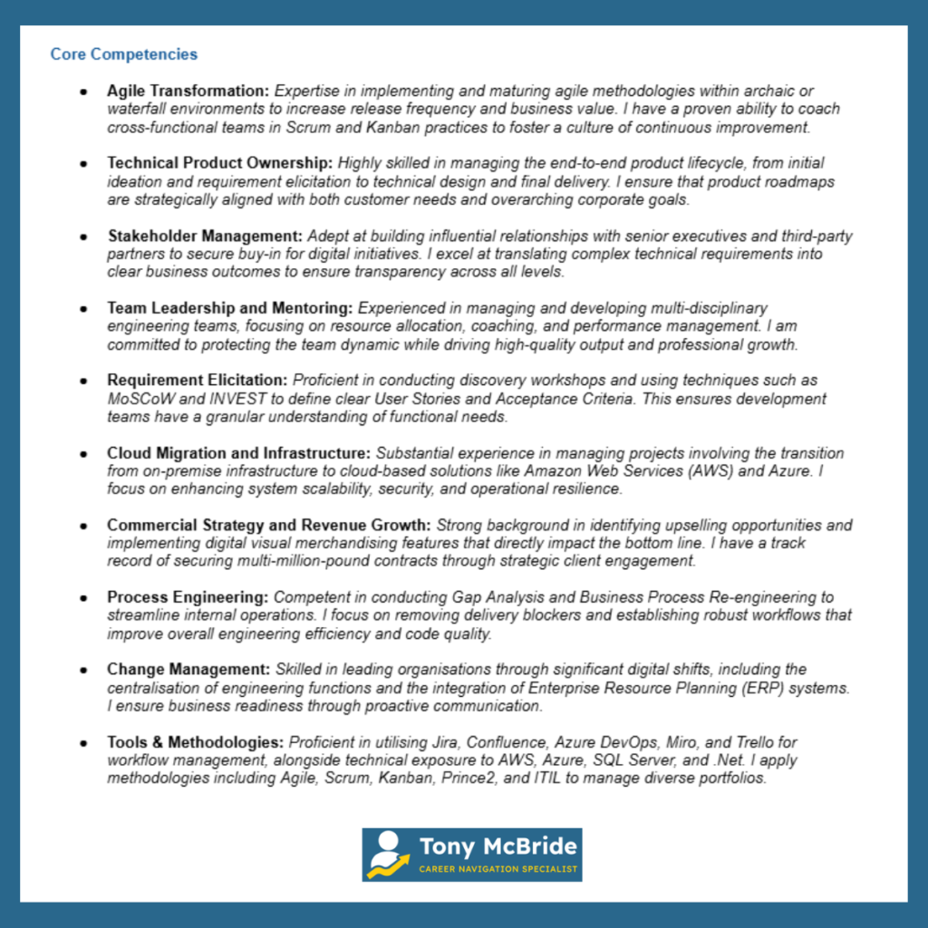 How to write your Core Competencies section of your CV.: featured image for Tony McBride's career coaching article for mid to senior professionals in the UK and Ireland